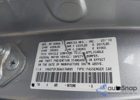 2010 Honda Accord 2.4 Lx z USA, uszkodzony, nr VIN 1HGCP2F30AA174895
